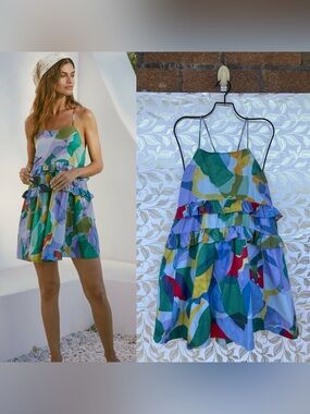 NWT Anthropologie Abstract Ruffle Mini Dress Turquoise Multi Artcore Boho XS